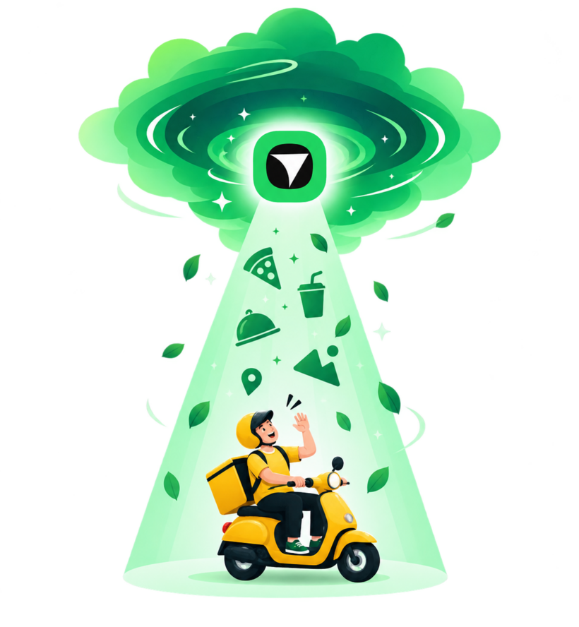 An Eatiko delivery rider looking up at a glowing green portal raining pizza, drinks and dishes